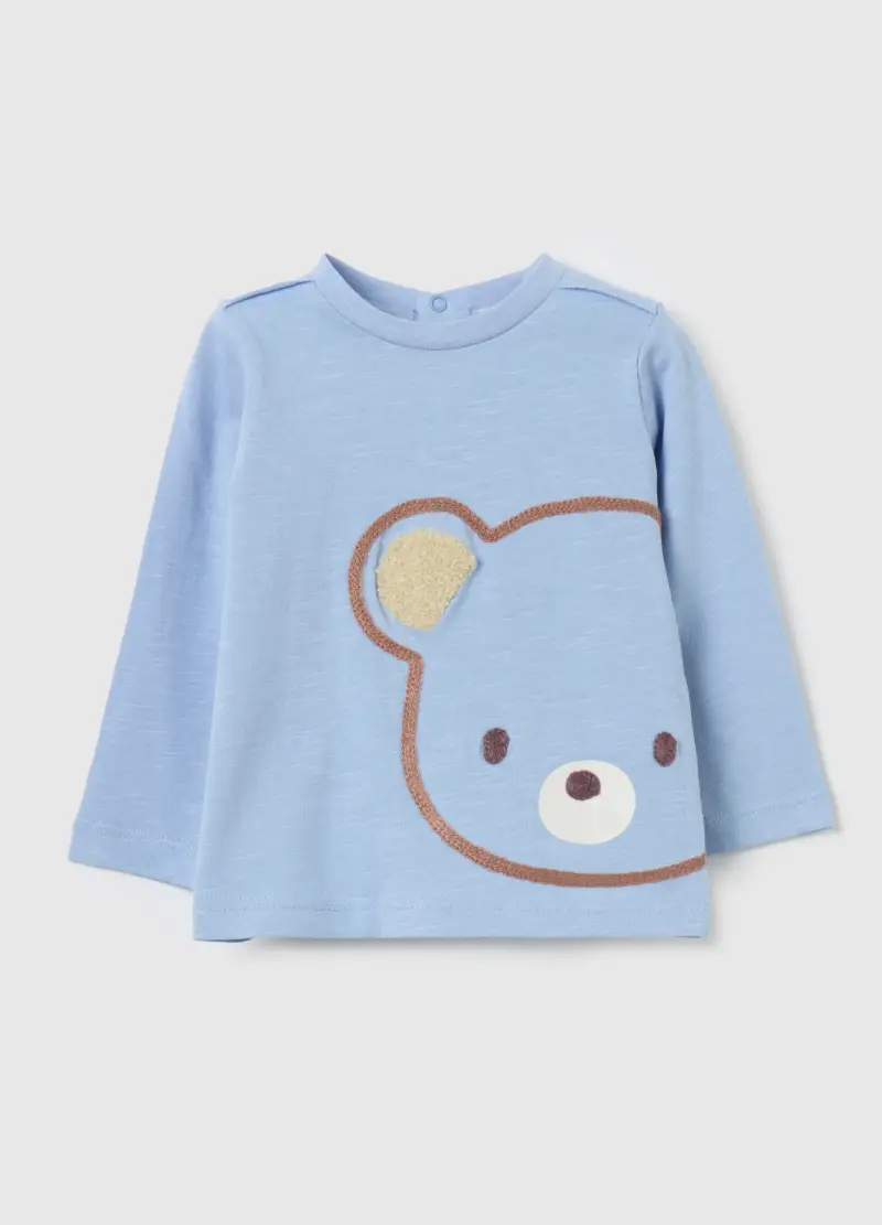 T-shirt A Maniche Lunghe Con Orsetto, Neonato, Azzurro