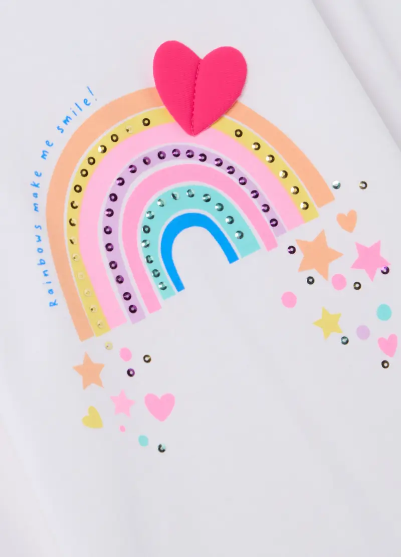 T-shirt A Maniche Lunghe Con Strass E Stampa Arcobaleno, Bambina, Bianco miniatura 3