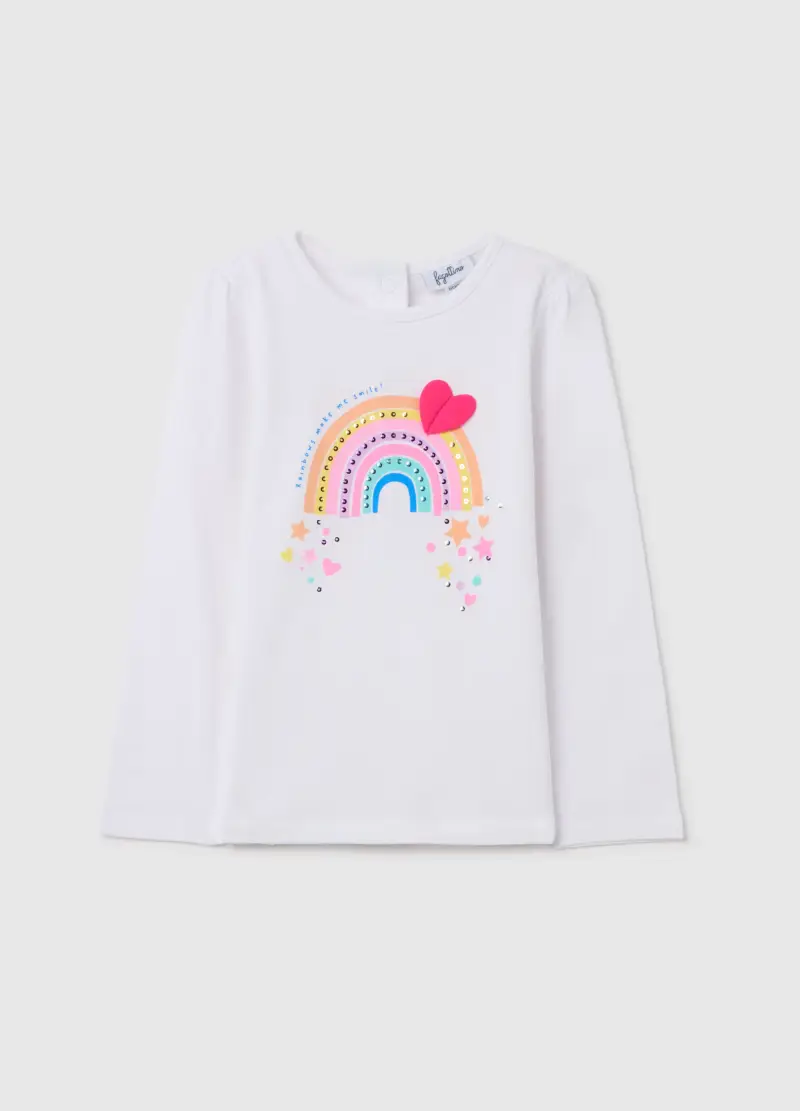 T-shirt A Maniche Lunghe Con Strass E Stampa Arcobaleno, Bambina, Bianco