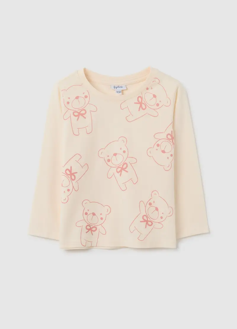 T-shirt Beige A Maniche Lunghe In Cotone Con Stampa Orsetti, Bambina, Bianco