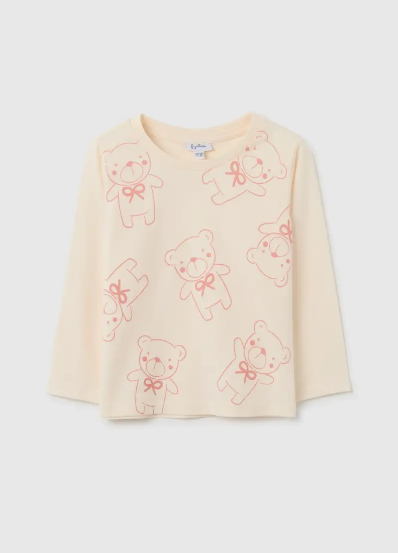 T-shirt Beige A Maniche Lunghe In Cotone Con Stampa Orsetti, Bambina, Bianco