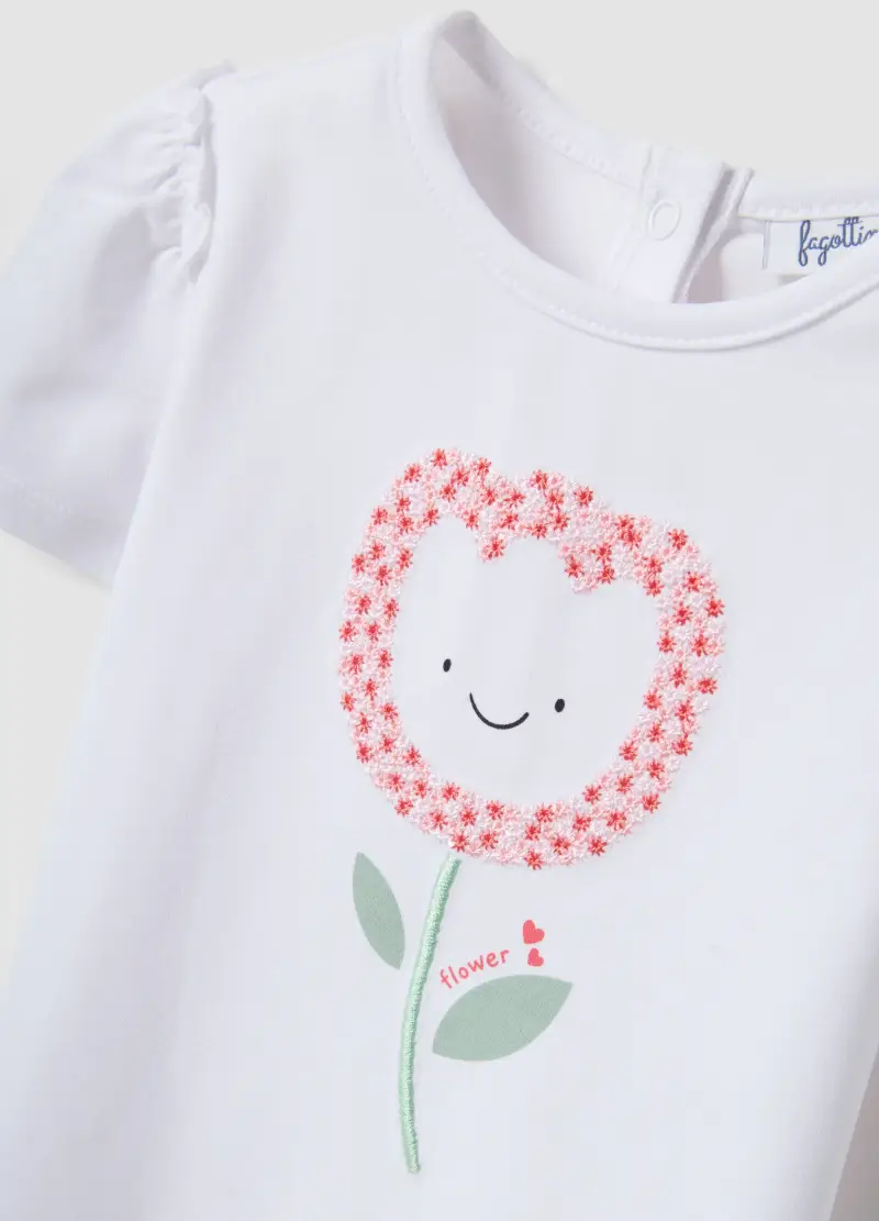 T-shirt In Cotone Elasticizzato Bianca Da Bimba Regular Fit Con Fiore, Bambina, Bianco miniatura 3