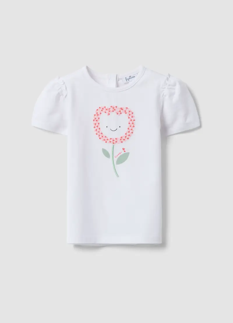 T-shirt In Cotone Elasticizzato Bianca Da Bimba Regular Fit Con Fiore, Bambina, Bianco