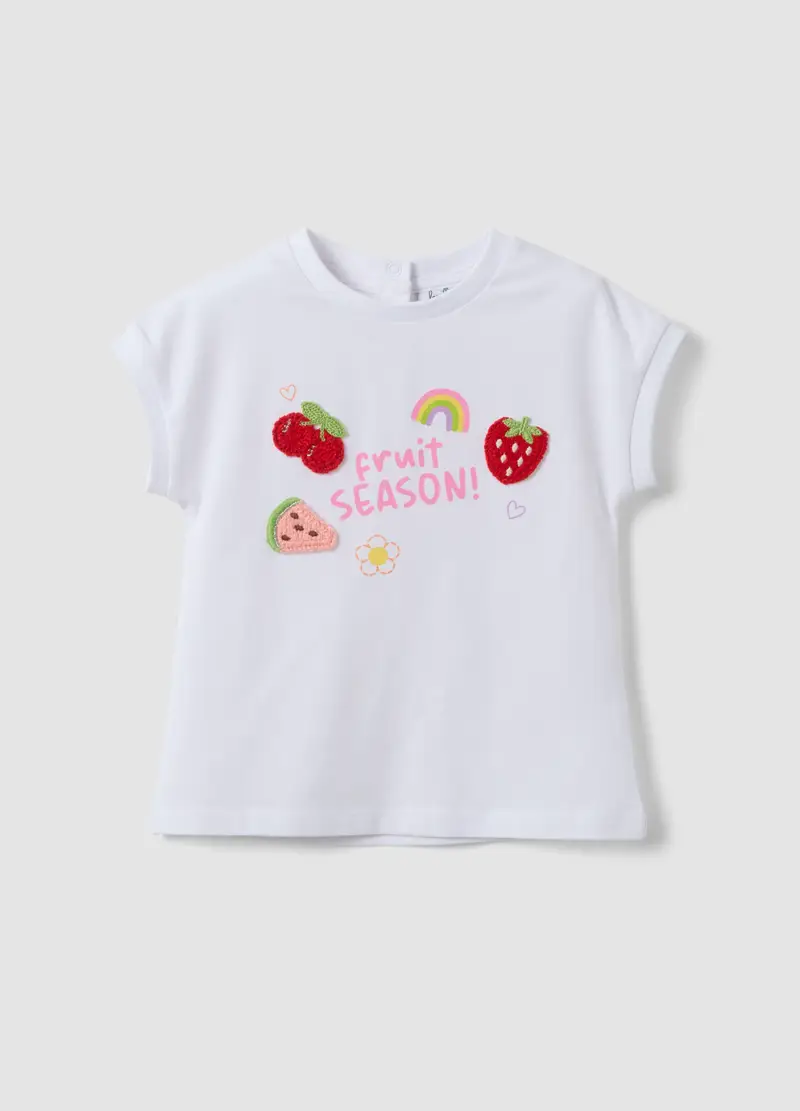 T-shirt In Cotone Elasticizzato Bianca Da Bimba Regular Fit Con Ricami, Bambina, Bianco