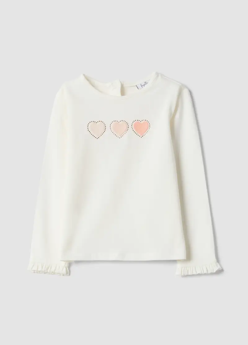 T-shirt In Cotone Elasticizzato Bianco Da Bimba Regular Fit Con Cuori, Bambina, Bianco