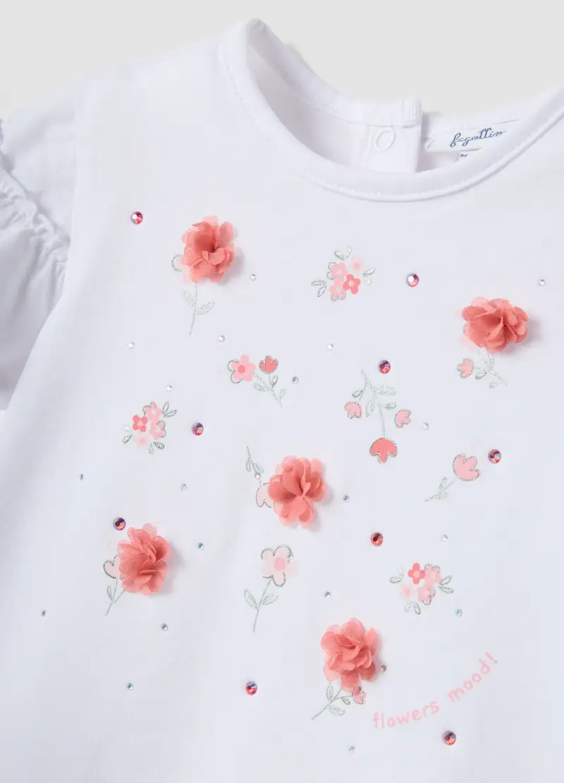 T-shirt In Cotone Elasticizzato Bianco Da Bimba Regular Fit Con Fiori, Bambina, Bianco miniatura 3
