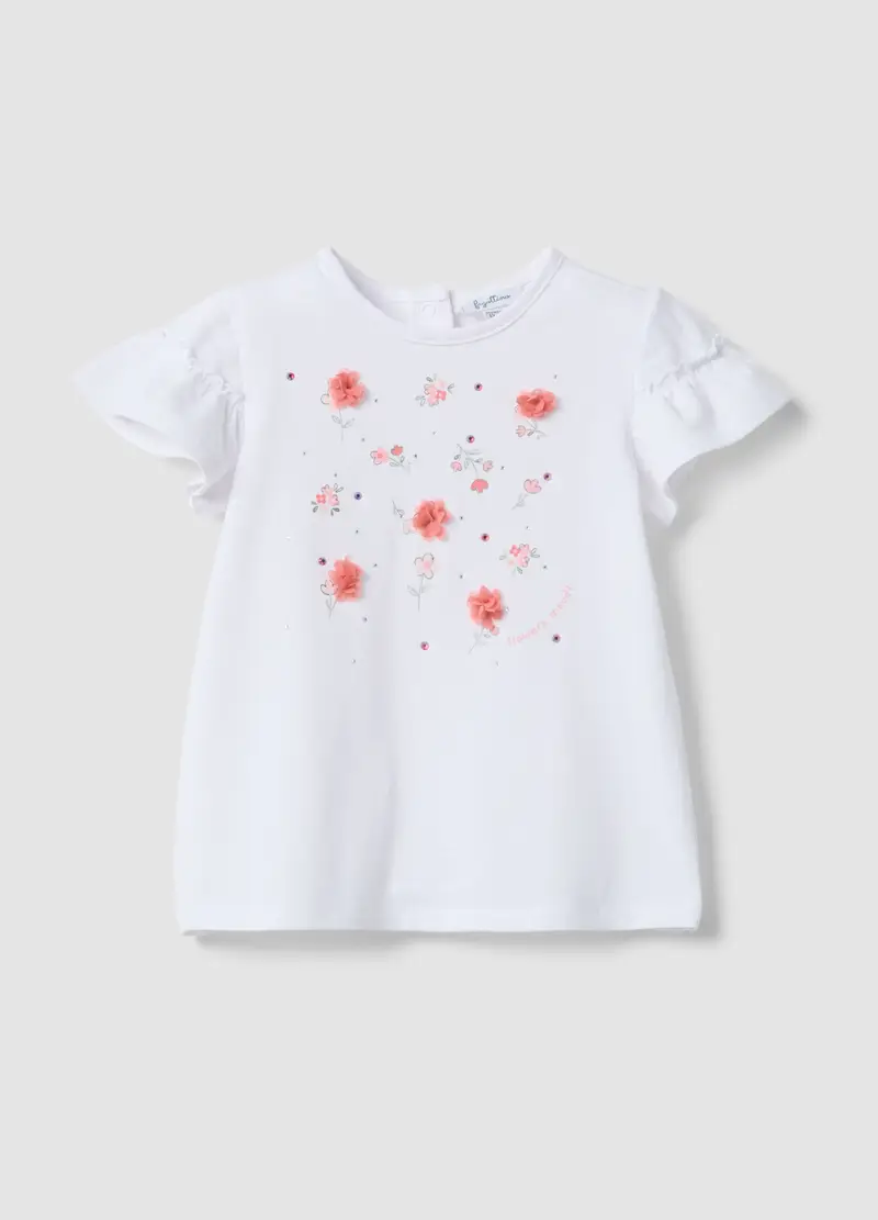 T-shirt In Cotone Elasticizzato Bianco Da Bimba Regular Fit Con Fiori, Bambina, Bianco