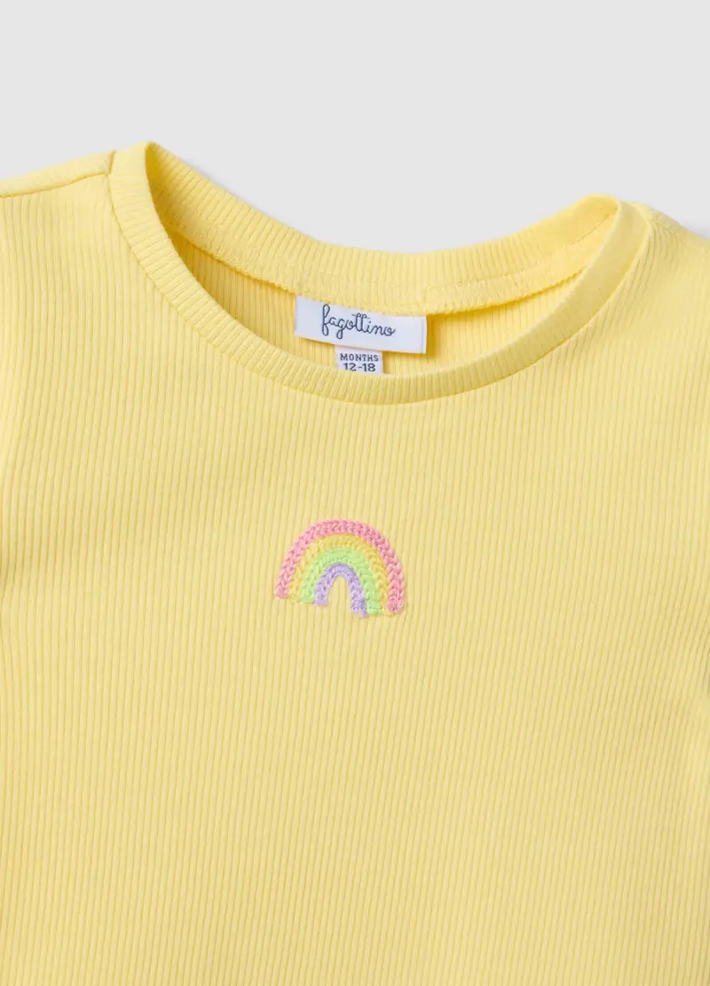 T-shirt In Cotone Elasticizzato Gialla Da Bimba Con Arcobaleno, Bambina, Giallo miniatura 3