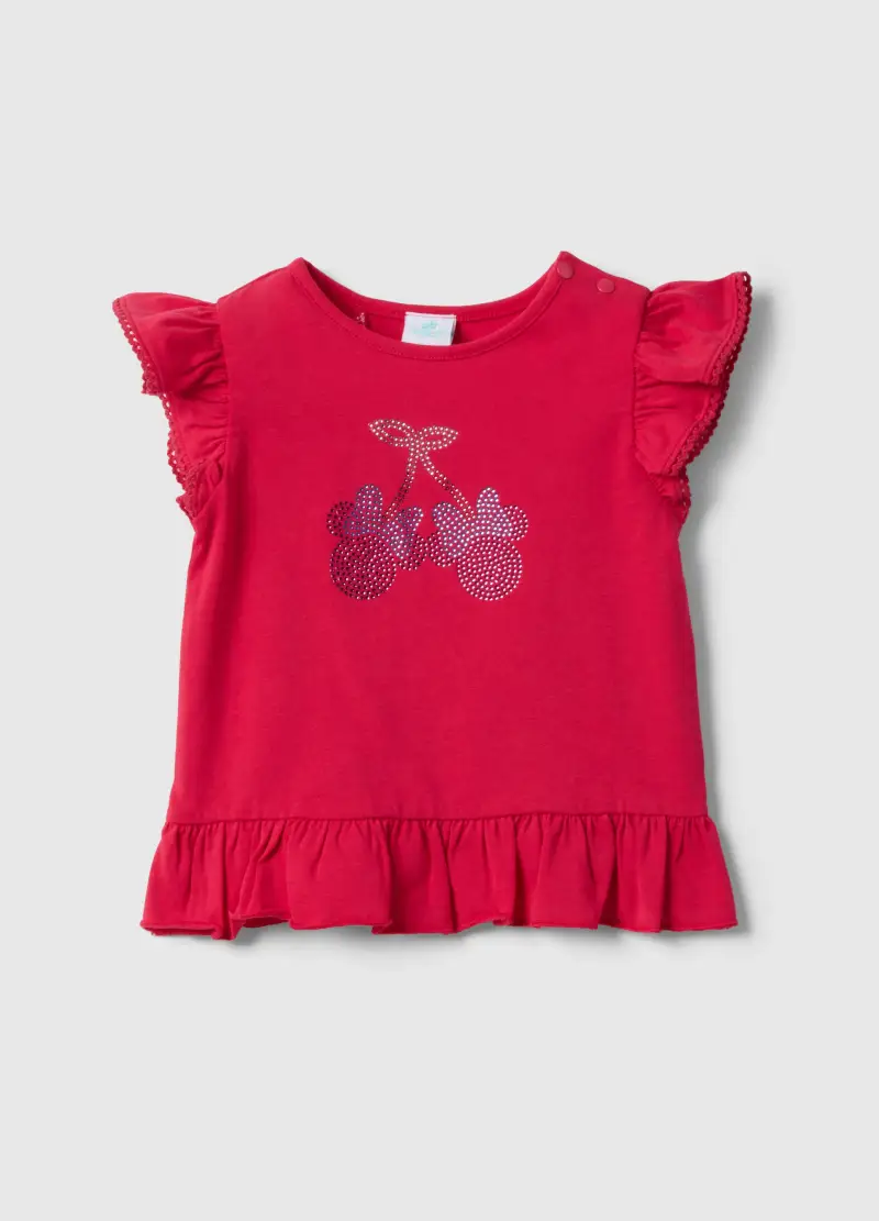 T-shirt In Cotone Elasticizzato Rossa Da Bimba Con Minnie E Paillettes, Bambina, Rosso