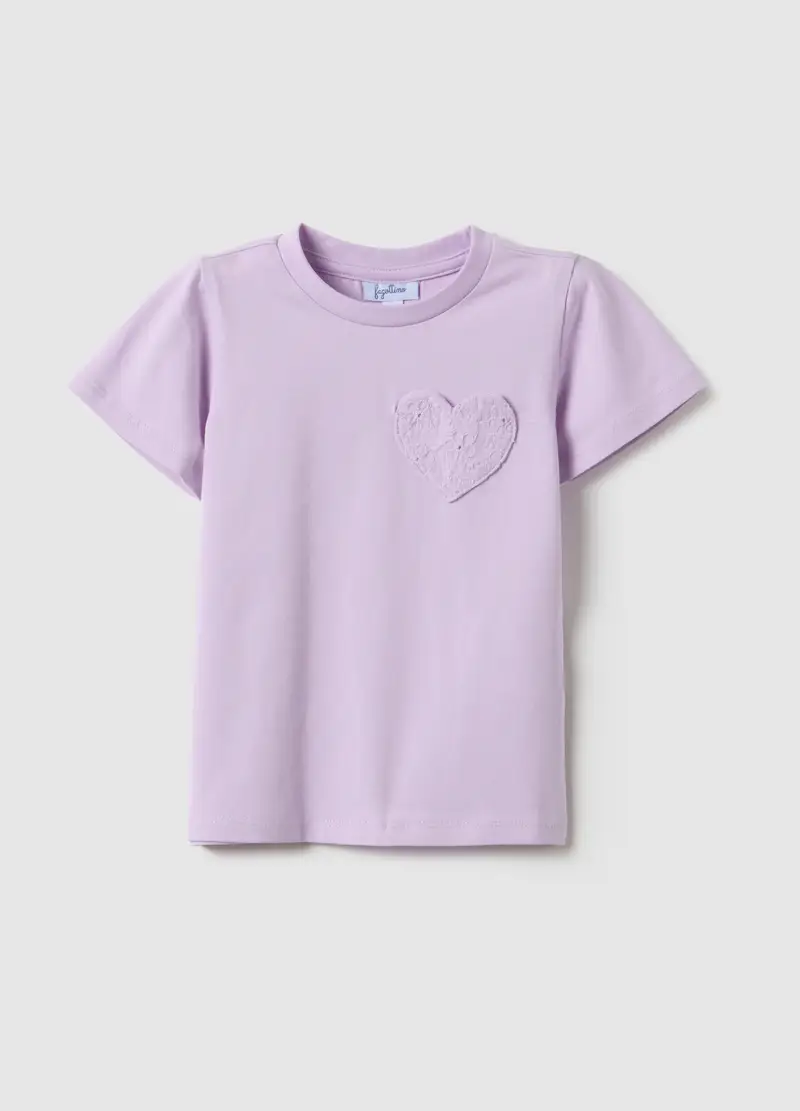 T-shirt In Cotone Elasticizzato Viola Da Bimba Regular Fit Con Cuore, Bambina, Viola