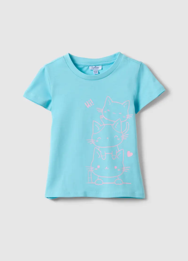T-shirt In Puro Cotone Azzurra Da Bimba Regular Fit Con Gatti, Bambina, Azzurro