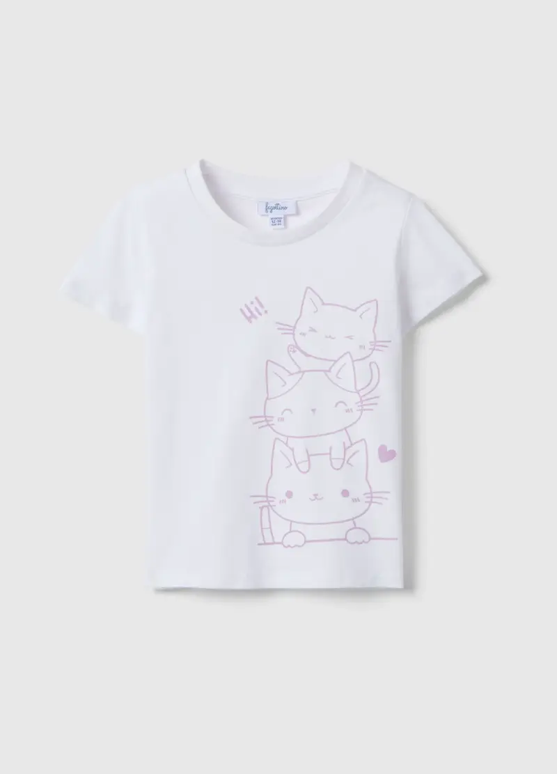 T-shirt In Puro Cotone Bianca Da Bimba Regular Fit Con Gatti, Bambina, Bianco
