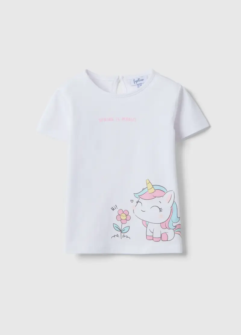 T-shirt In Puro Cotone Bianca Da Bimba Regular Fit Con Unicorno, Bambina, Bianco