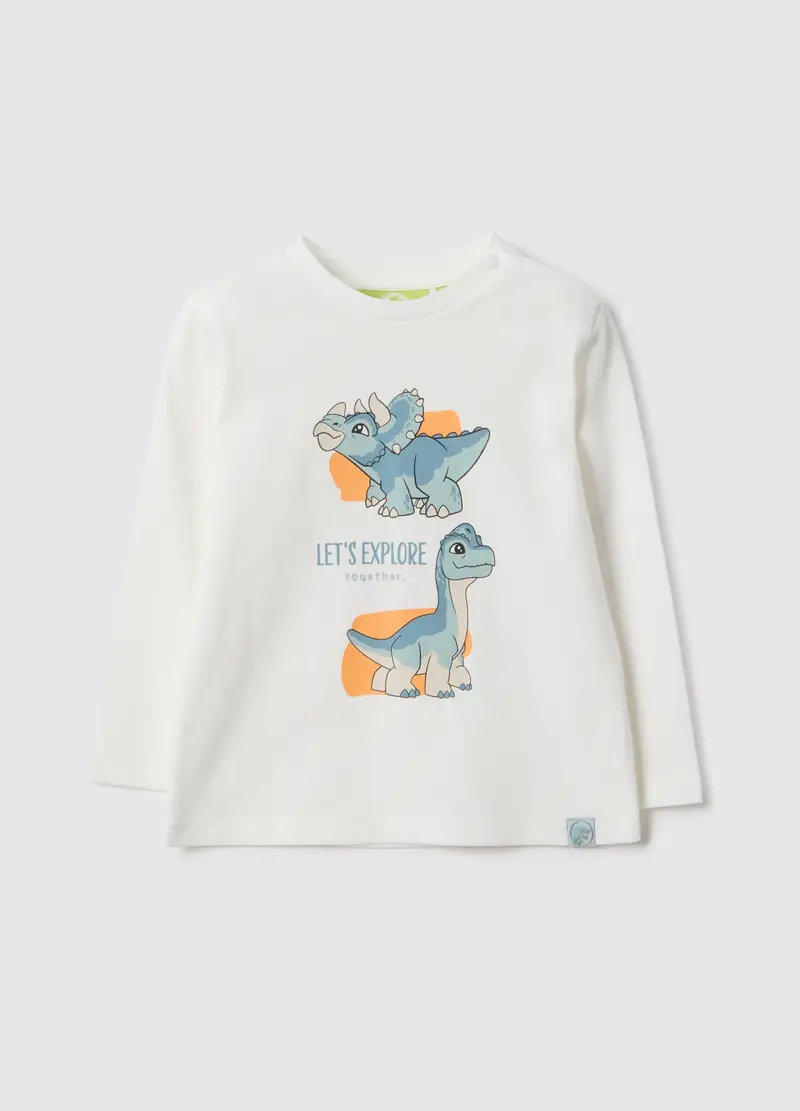 T-shirt In Puro Cotone Bianca Da Bimbo Regular Fit Con Dinosauri, Bambino, Bianco