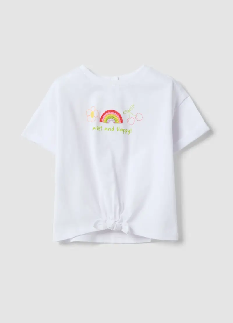 T-shirt In Puro Cotone Bianco Da Bimba Regular Fit Con Ricamo E Fiocco, Bambina, Bianco