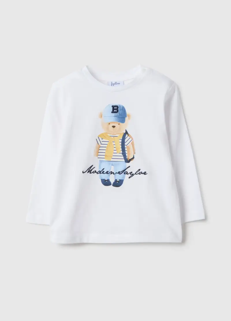 T-shirt In Puro Cotone Bianco Regular Fit Con Orsetto Per Bimbo, Bambino, Bianco