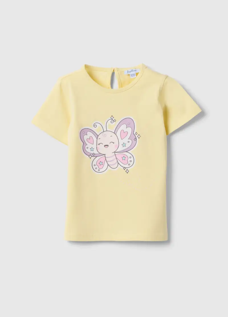 T-shirt In Puro Cotone Giallo Da Bimba Regular Fit Con Farfalla, Bambina, Giallo