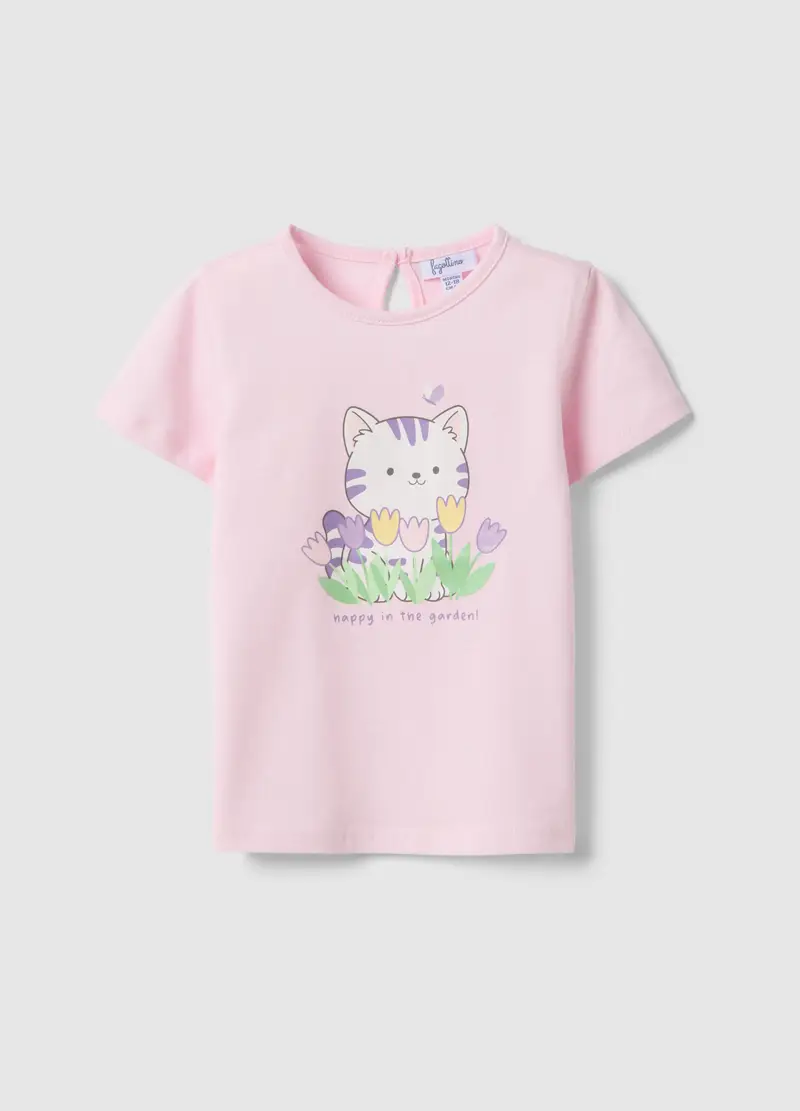 T-shirt In Puro Cotone Rosa Da Bimba Regular Fit Con Gatto, Bambina, Rosa