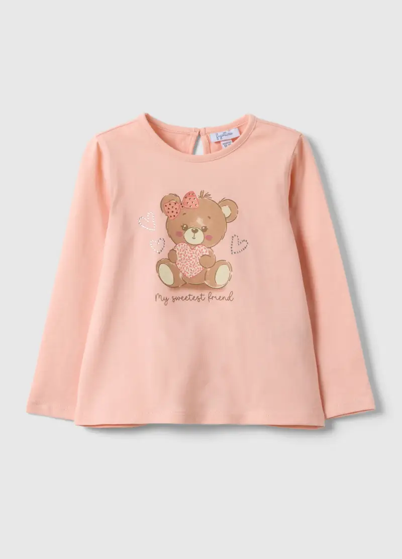 T-shirt In Puro Cotone Rosa Da Bimba Regular Fit Con Orsetto, Bambina, Rosa
