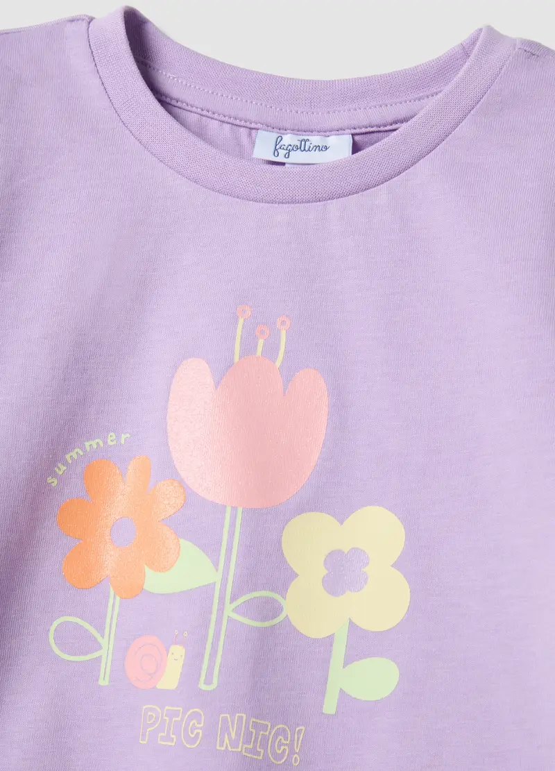 T-shirt In Puro Cotone Viola Da Bimba Regular Fit Con Stampa Floreale, Bambina, Viola miniatura 3