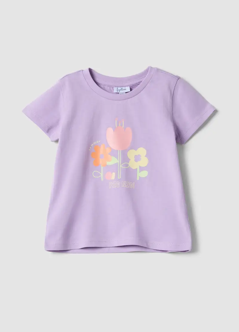 T-shirt In Puro Cotone Viola Da Bimba Regular Fit Con Stampa Floreale, Bambina, Viola