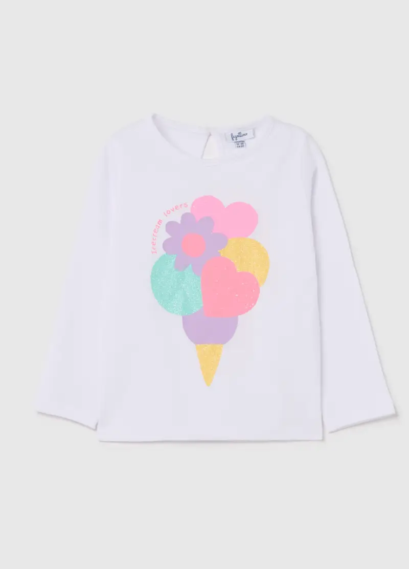 T-shirt Maniche Lunghe Stampa Glitterata Gelato, Bambina, Bianco
