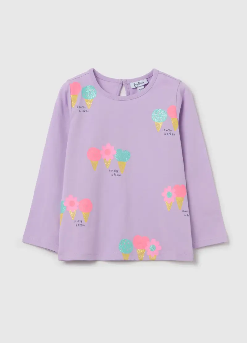 T-shirt Maniche Lunghe Stampa Glitterata Gelato, Bambina, Viola