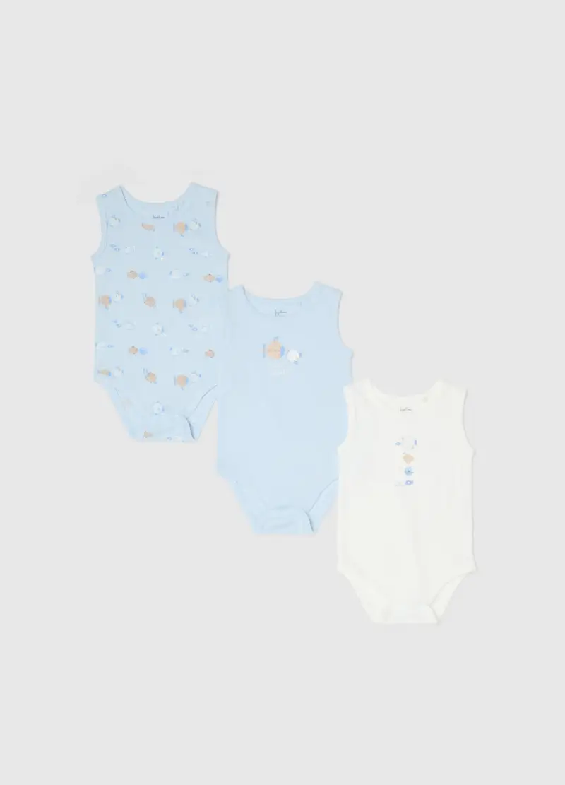 Tripack Body Senza Maniche In Puro Cotone Multicolor Da Neonato, Multicolor