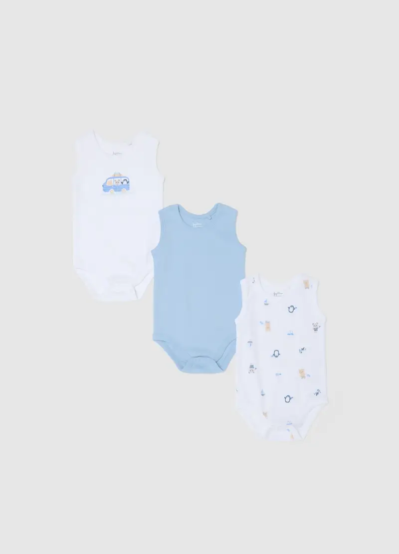Tripack Body Senza Maniche In Puro Cotone Multicolor Da Neonato, Multicolor