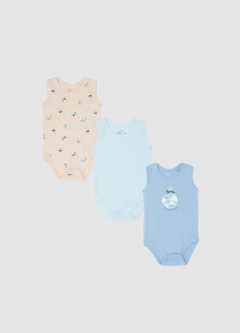 Tripack Body Senza Maniche In Puro Cotone Multicolor Da Neonato, Multicolor