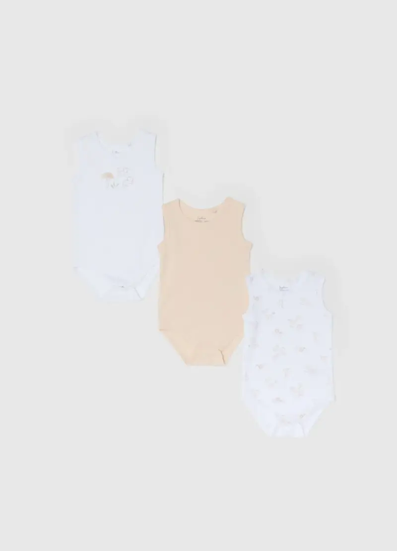 Tripack Body Senza Maniche In Puro Cotone Multicolor Da Neonato, Unisex, Multicolor