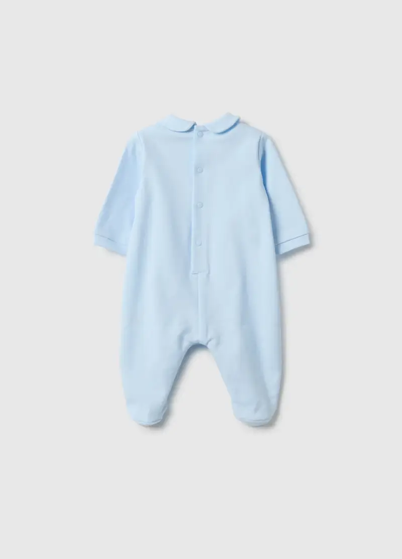 Tutina Azzurra In Puro Cotone Da Neonato Con Maniche Lunghe E Ricami, Azzurro miniatura 2