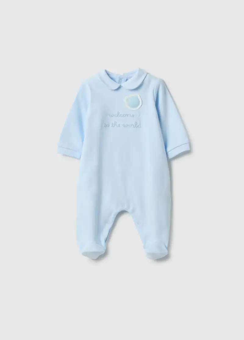 Tutina Azzurra In Puro Cotone Da Neonato Con Maniche Lunghe E Ricami, Azzurro