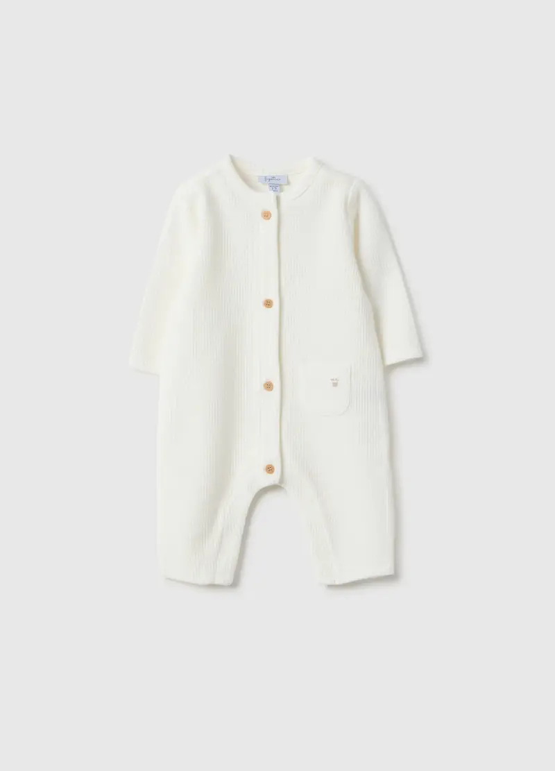 Tutina Bianca A Maniche Lunghe Da Neonato In Puro Cotone Con Bottoni, Unisex, Bianco