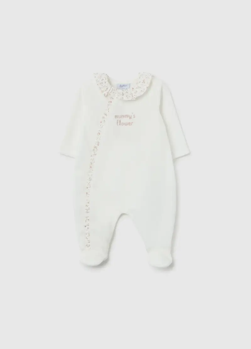 Tutina Bianca In Velour Con Colletto A Volant, Neonata, Bianco