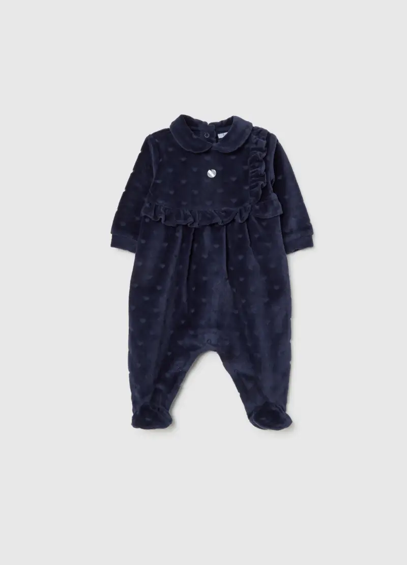 Tutina Blu Da Neonata In Misto Cotone Vellutato Con Cuoricini, Blu