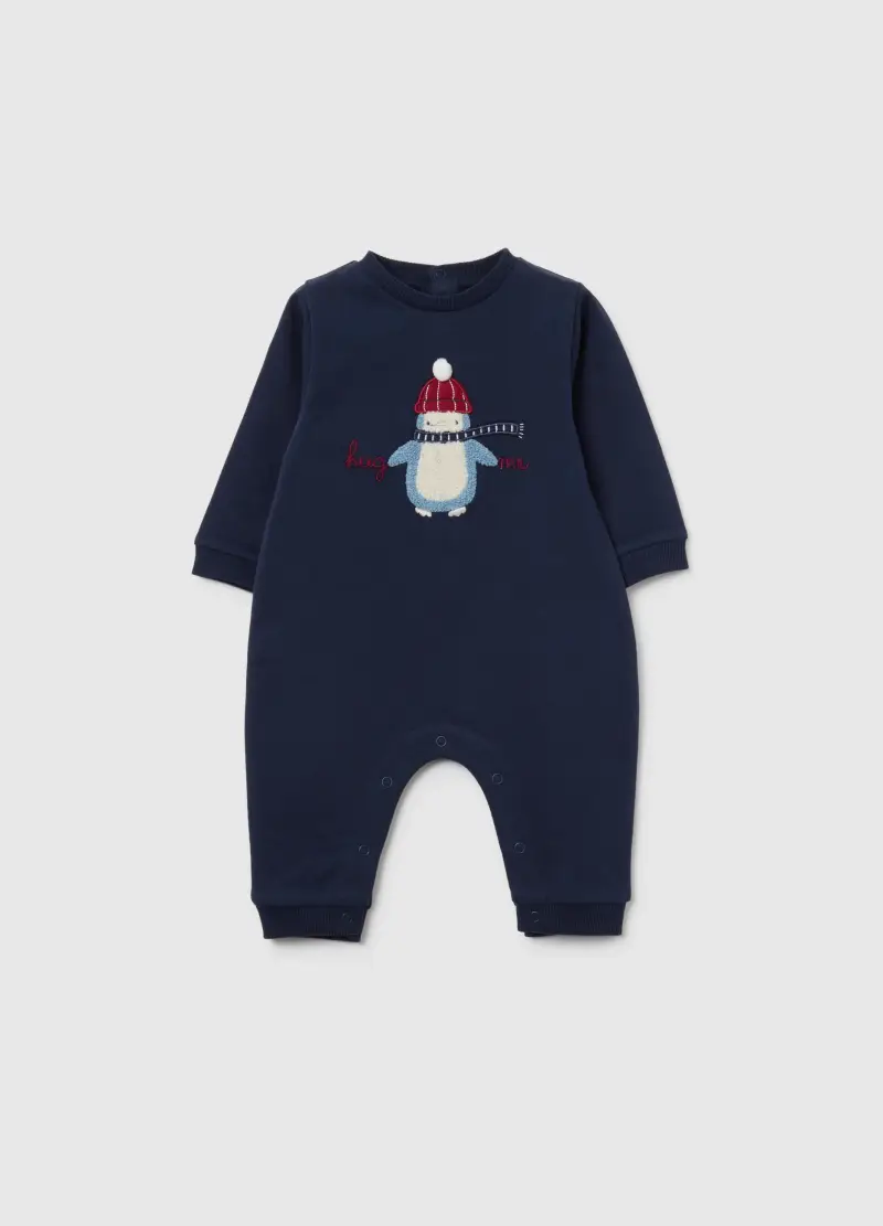 Tutina Da Neonato In Puro Cotone Blu Con Ricamo, Blu