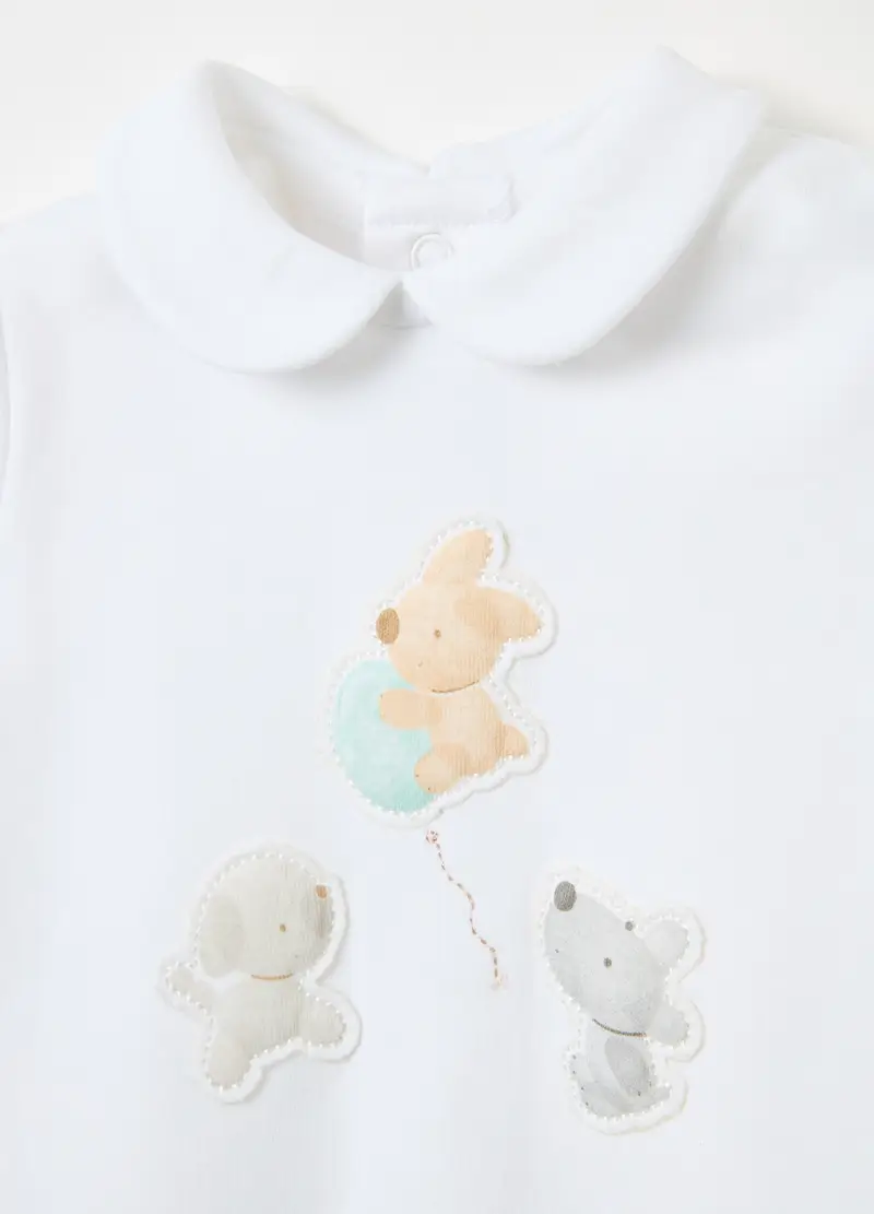 Tutina In Cotone Bio Con Piedini E Applicazione, Unisex, Bianco miniatura 3