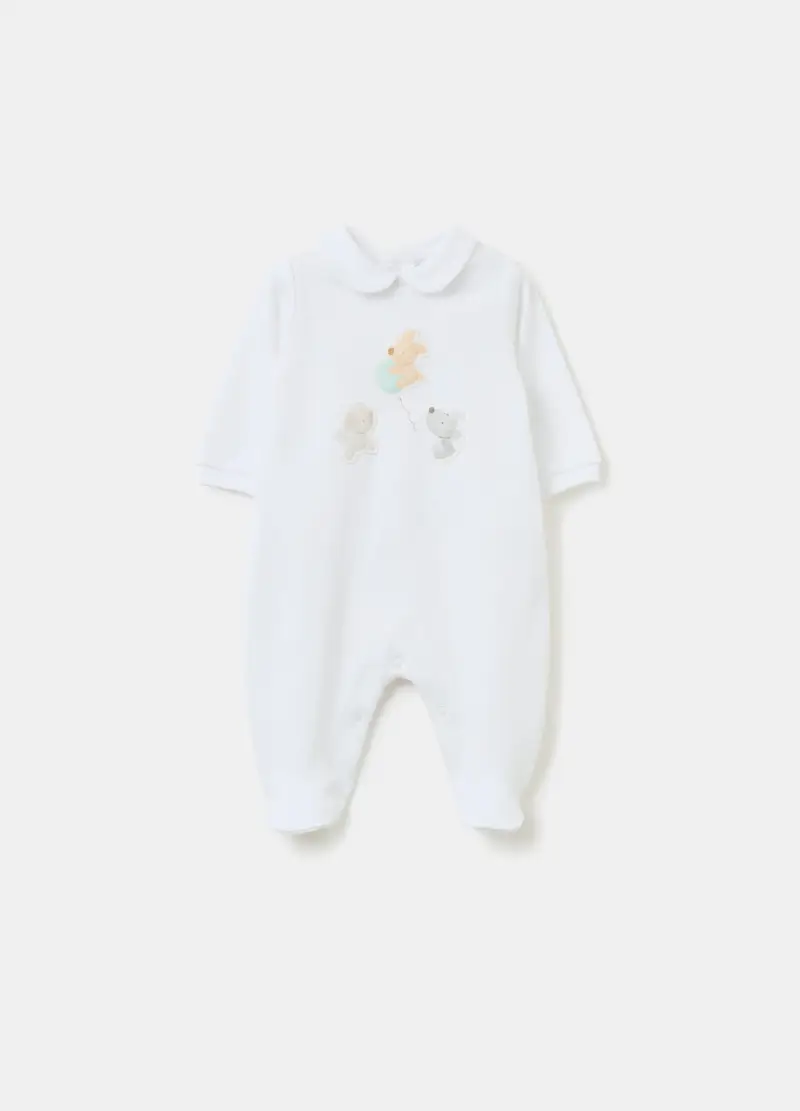 Tutina In Cotone Bio Con Piedini E Applicazione, Unisex, Bianco