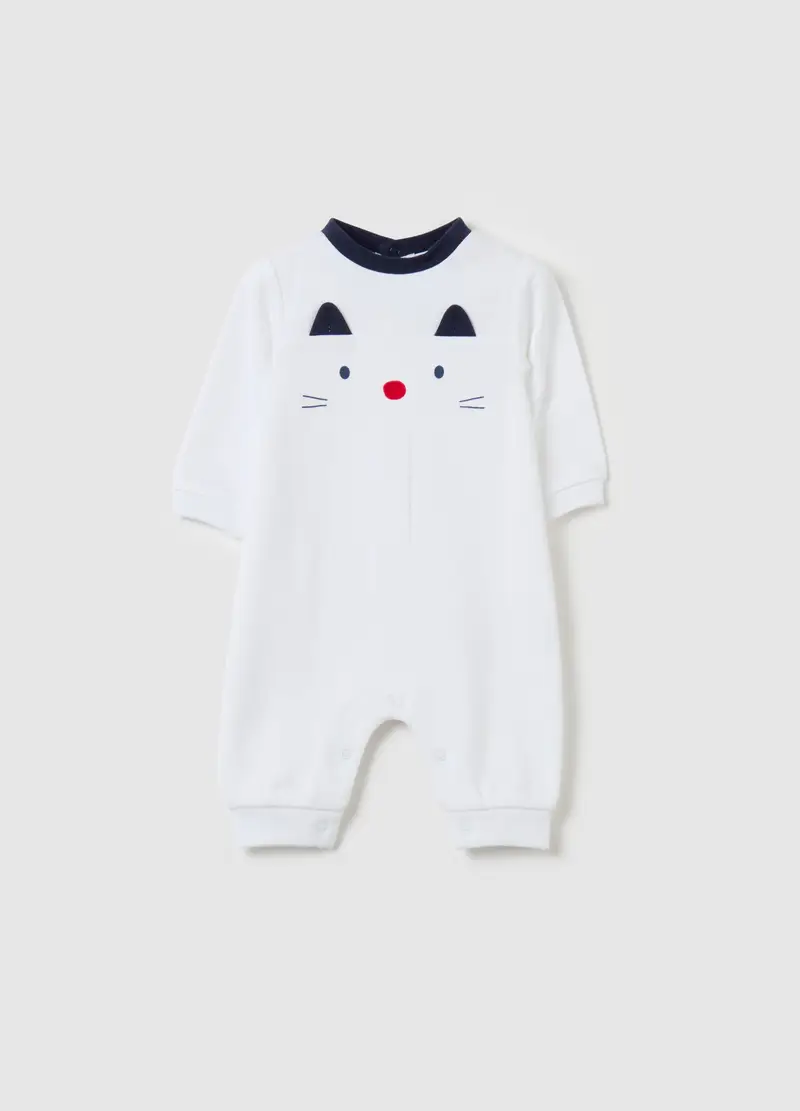 Tutina In Cotone Bio Con Stampa Gattino, Unisex, Bianco