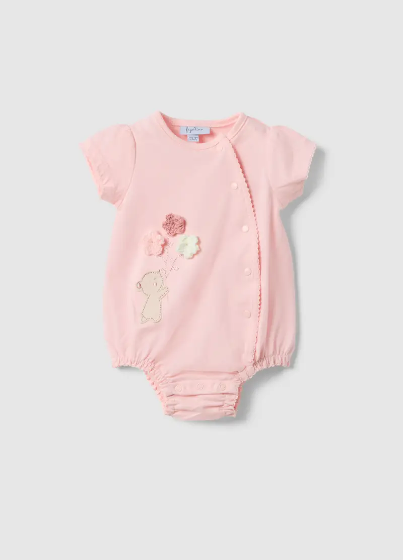 Tutina In Puro Cotone Rosa Da Neonata Con Chiusura A Scatto E Ricami, Rosa