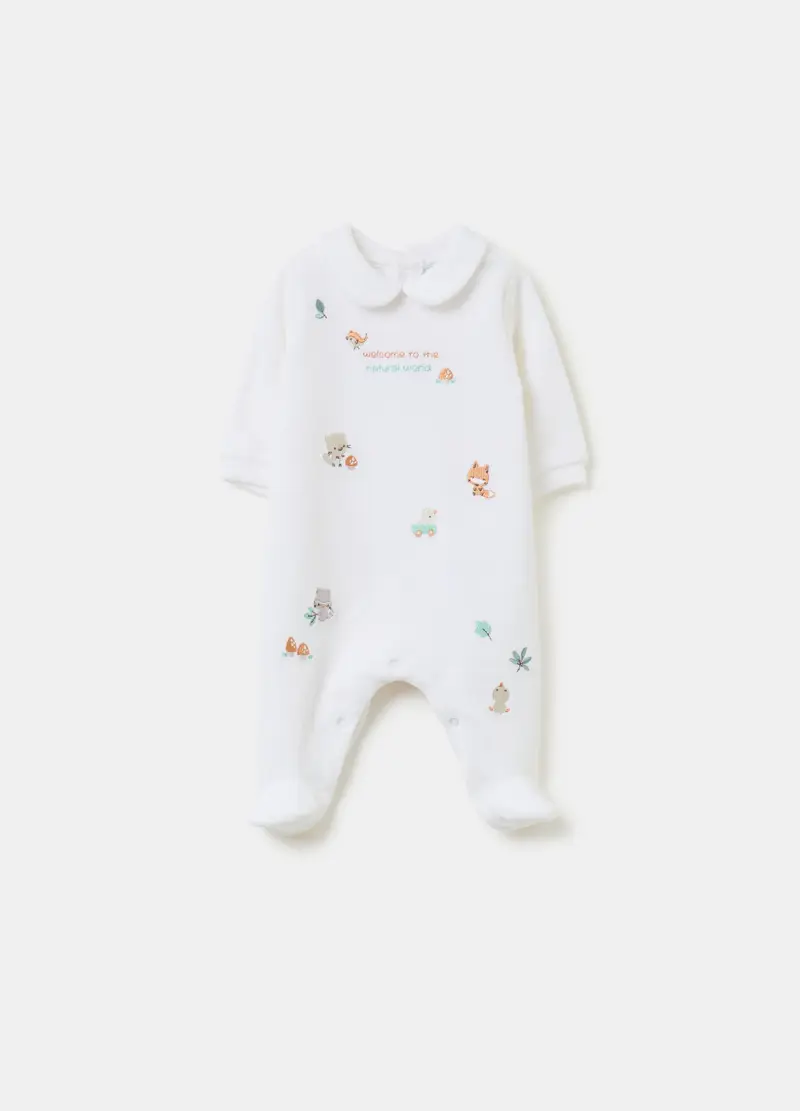 Tutina In Velour Con Piedini E Ricamo Animaletti, Unisex, Bianco