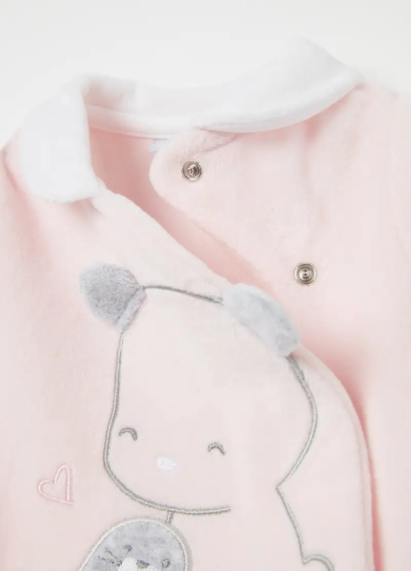 Tutina In Velour Con Piedini E Ricamo Animaletti, Unisex, Rosa miniatura 3