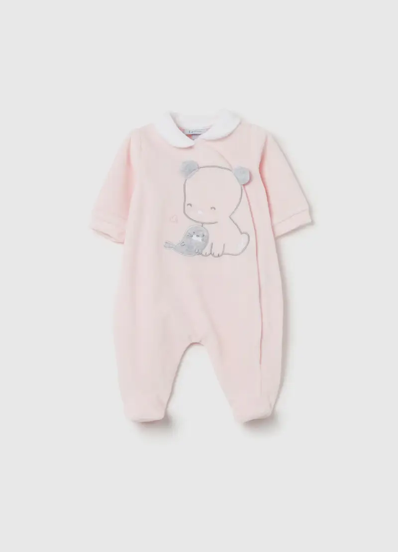 Tutina In Velour Con Piedini E Ricamo Animaletti, Unisex, Rosa