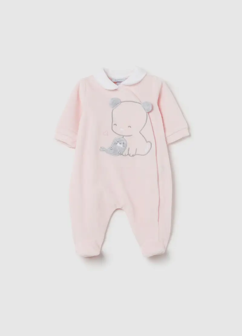 Tutina In Velour Con Piedini E Ricamo Animaletti, Unisex, Rosa