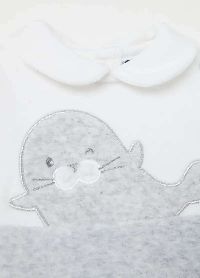 Tutina In Velour Con Piedini E Ricamo Foca, Unisex, Multicolor miniatura 3