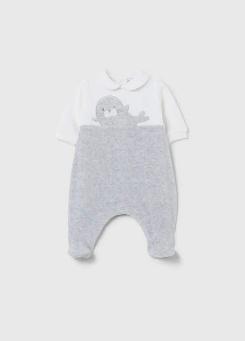 Tutina In Velour Con Piedini E Ricamo Foca, Unisex, Multicolor