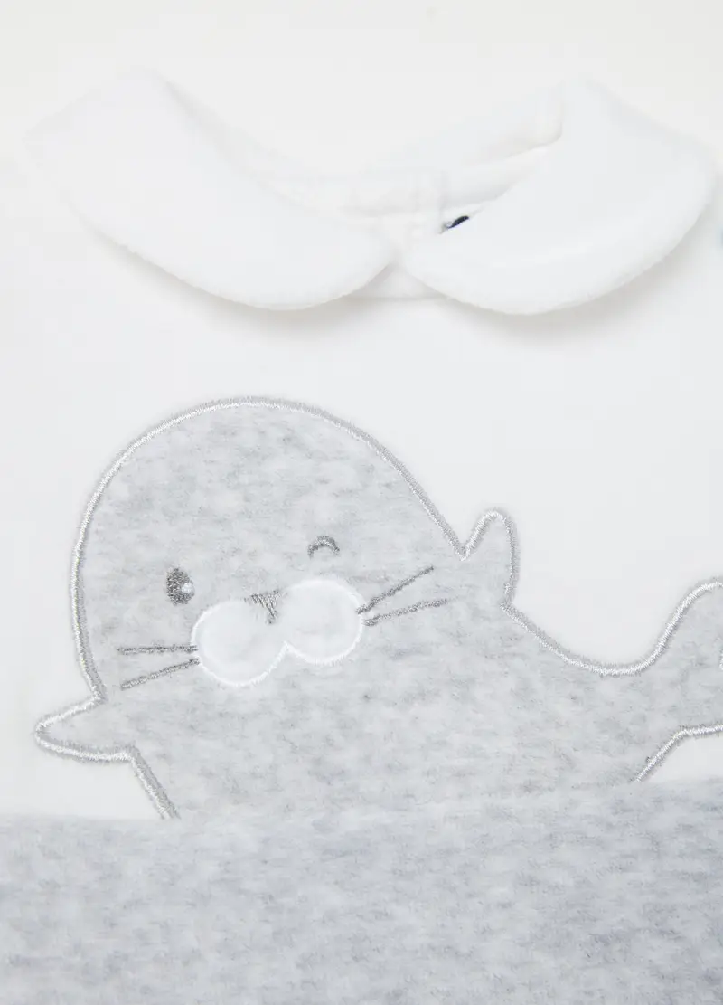 Tutina In Velour Con Piedini E Ricamo Foca, Unisex, Multicolor miniatura 3