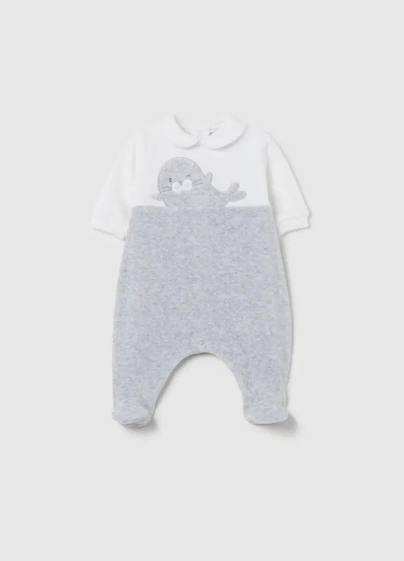 Tutina In Velour Con Piedini E Ricamo Foca, Unisex, Multicolor