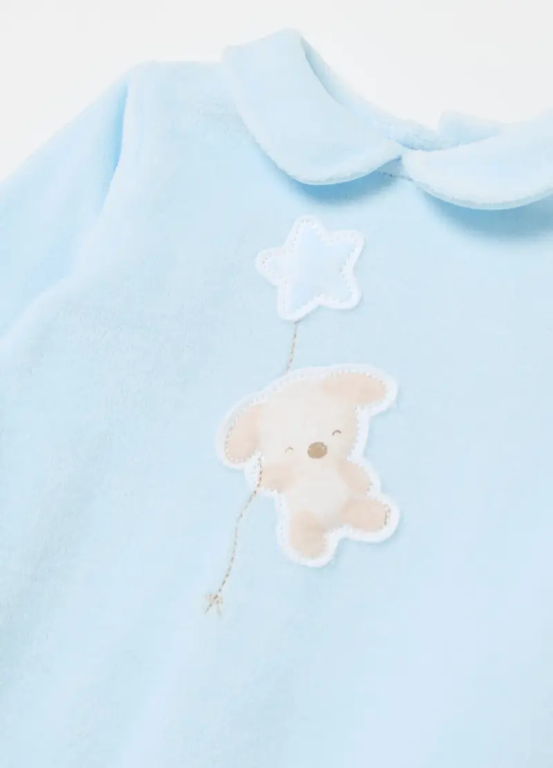 Tutina In Velour Con Piedini E Ricamo, Neonato, Azzurro miniatura 3